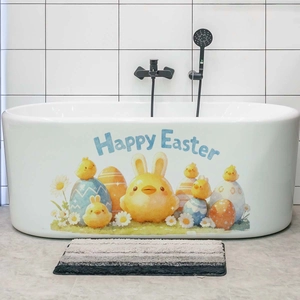 Detail of Happy Easter bathtub sticker with colorful eggs, chicks and floral designs