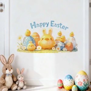 Detail of Easter wall sticker featuring a yellow chick with bunny ears and floral accents