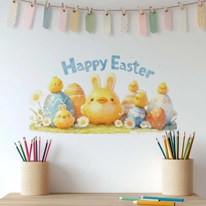 Macro detail of Easter wall stickers with chicks, colorful eggs and Happy Easter text