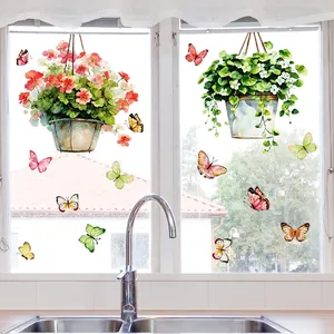 Spring hanging plant pot and butterfly static window decals for home glass decoration
