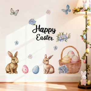 Close-up of Happy Easter wall stickers featuring watercolor rabbits, eggs, and floral patterns