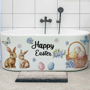 Easter wall stickers featuring rabbits and flower baskets on white tile bathroom background