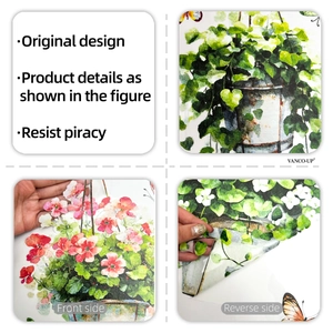 Detail view of double-sided floral window decals showing textures and watercolor patterns