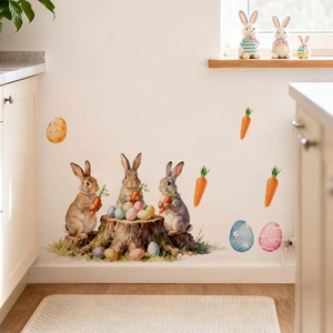 Detail of Easter wall stickers with watercolor bunnies and colorful eggs on white wall