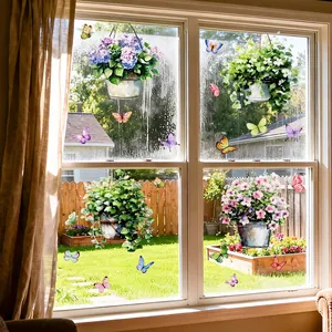 Spring watercolor hanging plants and butterfly static window clings for home decoration