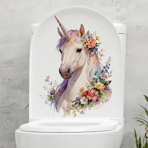 Waterproof watercolor unicorn floral decal for toilet lid and bathroom wall decoration