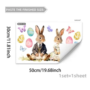 Detailed sheet layout of Easter bunny and egg wall stickers with product dimensions