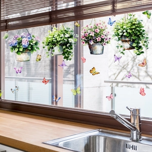 Hanging spring plants and colorful butterflies static window clings for home decoration