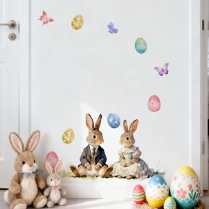 Detail of Easter wall stickers with watercolor rabbits and colorful eggs on a white door