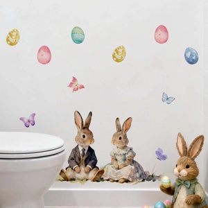 Close-up of Easter wall decals with watercolor bunnies, colorful eggs and butterflies