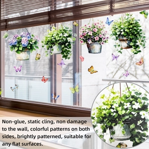 Close-up of static flower pot window stickers with double-sided watercolor floral design