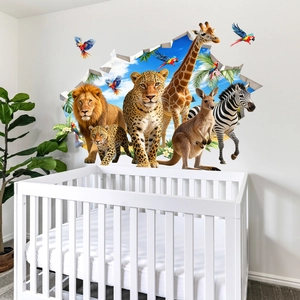 Detalle de vinilo decorativo 3D de animales salvajes saliendo de una pared infantil rota