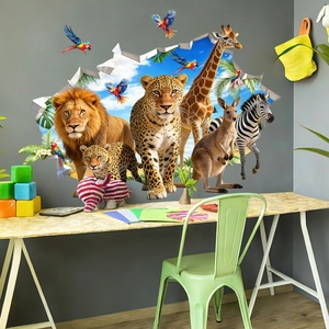 Vinilo decorativo 3D de animales safari con león y cebra para decoración de paredes