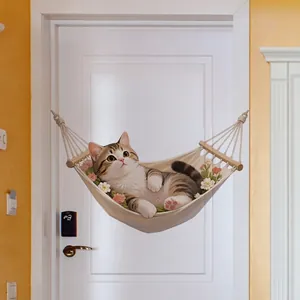 Self-adhesive wall sticker featuring a tabby cat in a floral hammock on a white door