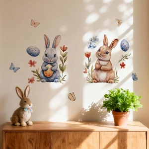 Detail of watercolor Easter bunny wall stickers with eggs and butterflies on living room wall