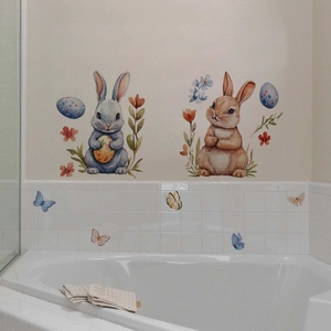 Waterproof Easter wall sticker with watercolor rabbits, eggs and butterflies on tiles