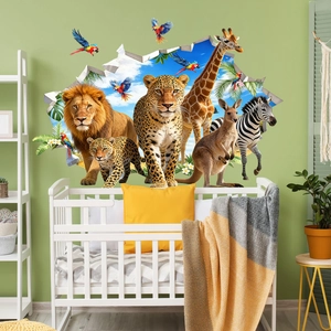 Vinilos de pared 3D con animales de safari como leones y jirafas rompiendo la pared