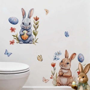 Detail of Easter watercolor bunny wall stickers with eggs and flowers on white wall