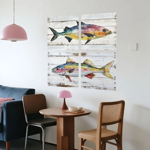 Colorful hand-painted fish wall stickers on faux wood background for home decor