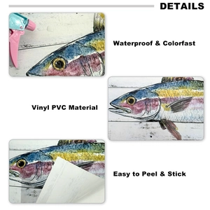 Waterproof vinyl PVC wall stickers featuring colorful fish on white wood grain background