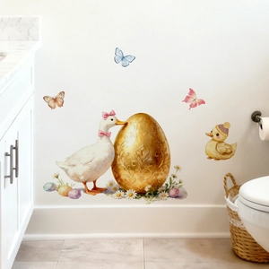 Detail of Easter wall decals featuring watercolor ducks, golden eggs, and butterflies