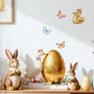 Easter wall stickers with cute bunnies, ducklings and colorful eggs for home decoration