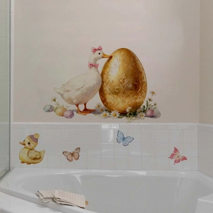 Detail of watercolor Easter bunny and floral wall decals on a bathroom tile surface