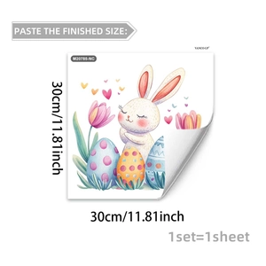Detailed view of watercolor Easter bunny and floral wall stickers with size dimensions