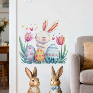 Close-up of Easter wall decals featuring a watercolor rabbit, colorful eggs and tulips