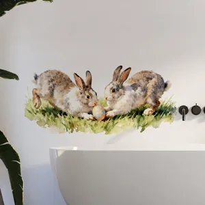 Detailed watercolor Easter wall decal featuring rabbits and eggs on a bathroom wall
