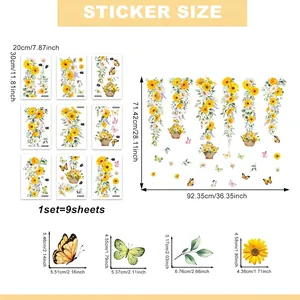 9-piece set of yellow daisy and butterfly static window clings with detailed dimensions