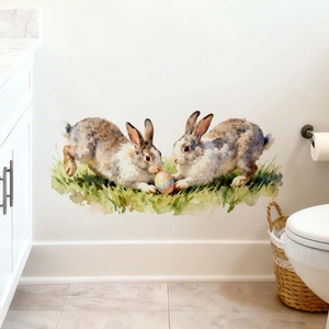 Watercolor Easter bunny and egg wall stickers applied to a white bathroom wall decor