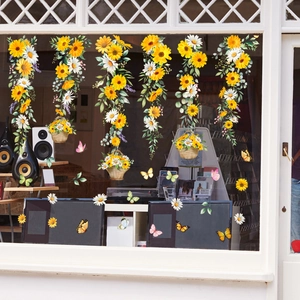 Yellow sunflower and daisy static window clings with floral vine and butterfly designs