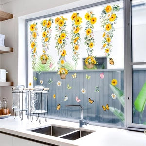 Yellow sunflower and daisy static window clings with butterflies for home glass decoration