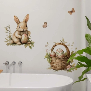 Detailed watercolor Easter wall decal featuring a cute bunny, egg basket and floral accents