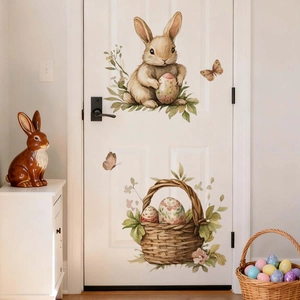 Detailed watercolor Easter wall stickers with bunny, basket, and eggs on white door