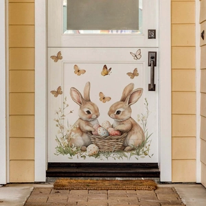 Easter wall stickers featuring realistic brown rabbits and a basket of colorful eggs on a white door