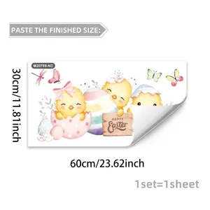 Easter wall stickers with cartoon chicks, colorful eggs, and flowers for home decor