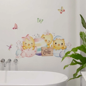 Detailed watercolor Easter wall stickers featuring chicks, rainbow egg and Happy Easter sign
