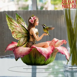 Decorazione 2D in acrilico ragazza floreale con motivo uccello e base rotonda trasparente
