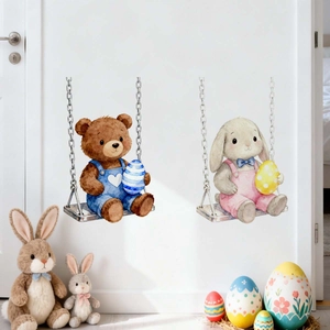 Detail of Easter wall stickers with watercolor bear and bunny on swings for room decor