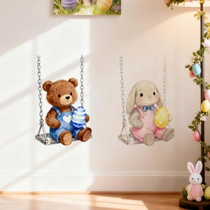 Close-up of watercolor Easter bear and rabbit on swings as self-adhesive wall stickers