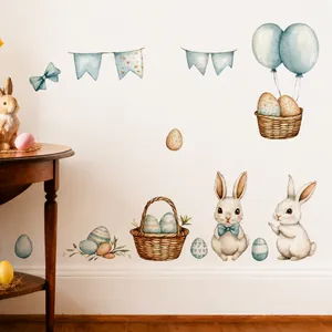 Detailed view of watercolor Easter wall stickers featuring bunnies, eggs, and balloons