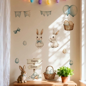 Watercolour Easter wall sticker set with rabbits, eggs and Happy Easter sign for home decor