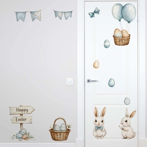 Detail of Happy Easter watercolor wall decals featuring cute bunnies and floral eggs