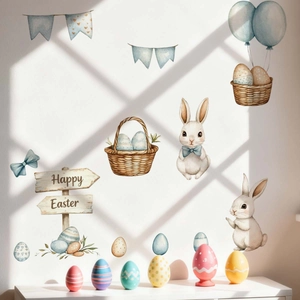 Watercolor Easter wall stickers featuring bunnies, eggs and Happy Easter sign for home decor