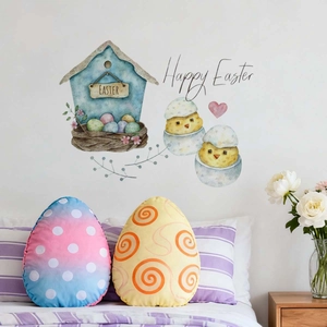 Easter decoration set featuring colorful egg-shaped pillows and watercolor wall stickers