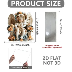 Detaillierte Maße der 2D-Acryl-Engelsfigur mit Blumenmustern und ovalem Standfuß