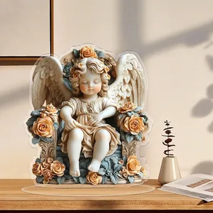 Engel-Blumen-Acrylfigur mit 3D-Effekt auf klarem Sockel für Tischdekorationen