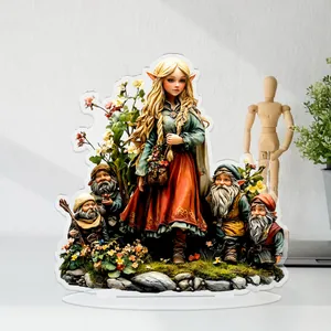 Ornamento dettagliato in acrilico piatto 2D con fata e nani per arredo fantasy